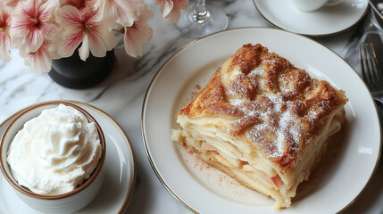Apple Strudel on blue plate on vip table in exclusive restaurant
