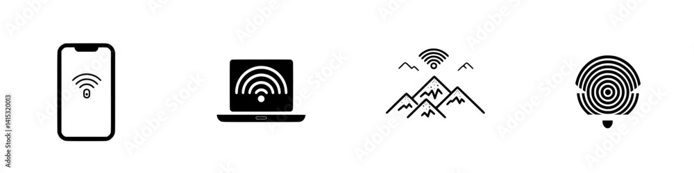Poster modern technology icons depicting wireless connectivity and security in various devices for digital 