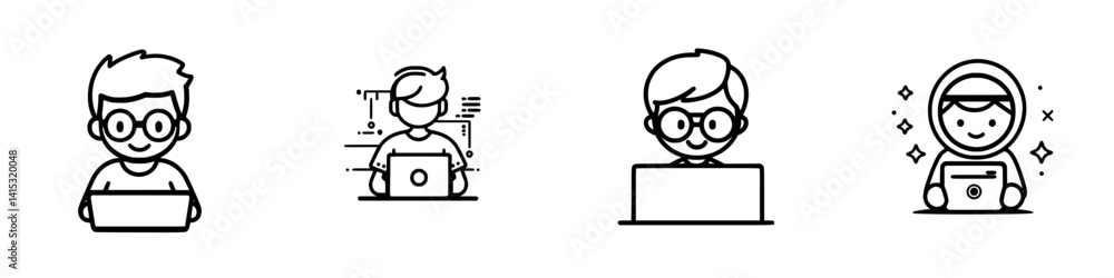 Poster diverse group of individuals engaged in various activities using laptops in a minimalistic vector il