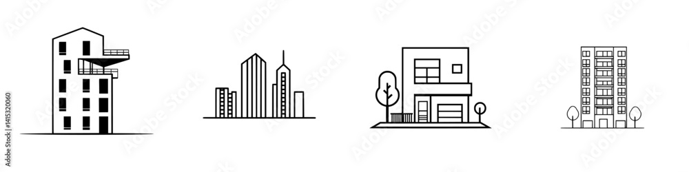 Poster vector illustration icons depicting various building types in a minimalistic style reflecting urban 