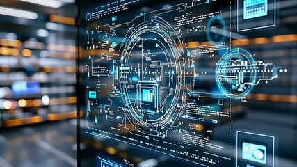 Futuristic digital interface displaying data analytics in a modern tech library setting - Powered by Adobe