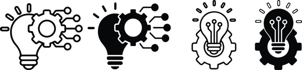 Light bulb icons, idea symbols, creative thinking illustrations, brain lightbulb concepts, black and white graphics, innovation bubble illustrations, knowledge symbols,