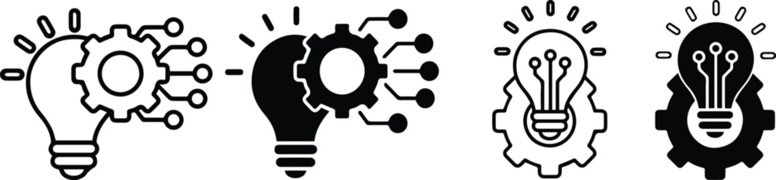 Light bulb icons, idea symbols, creative thinking illustrations, brain lightbulb concepts, black and white graphics, innovation bubble illustrations, knowledge symbols,