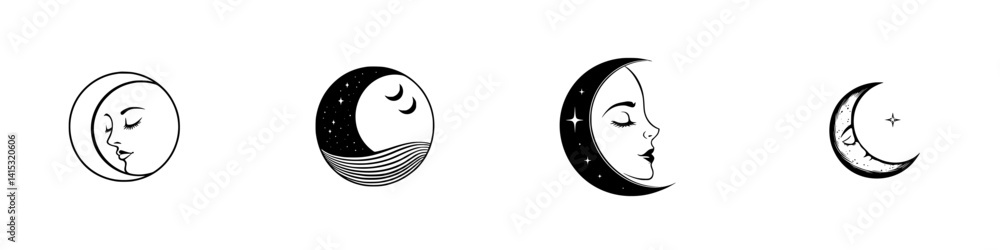 Aufkleber vector illustration of four unique moon and face designs showcasing different phases and expressions