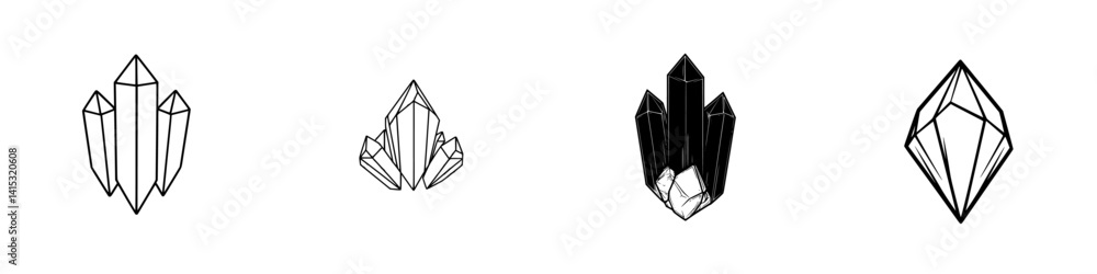 Poster vector illustration of various crystal shapes and designs showcasing unique features and structures 