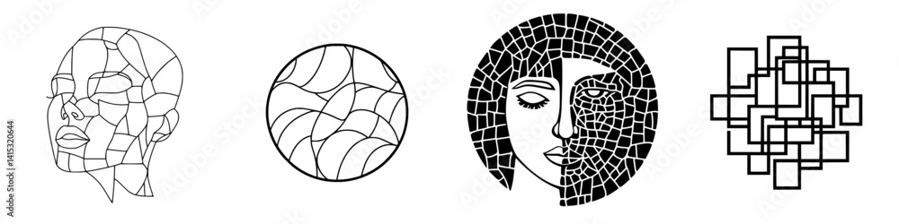 Poster stylized vector illustration icons showcasing abstract faces and geometric patterns in a minimalisti