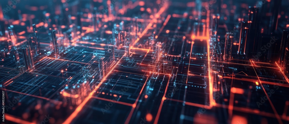 Poster futuristic cityscape with glowing lines and structures
