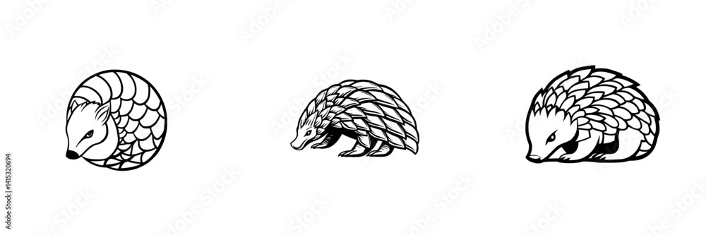 Poster unique vector illustration of three different pangolin designs showcasing their distinct features an