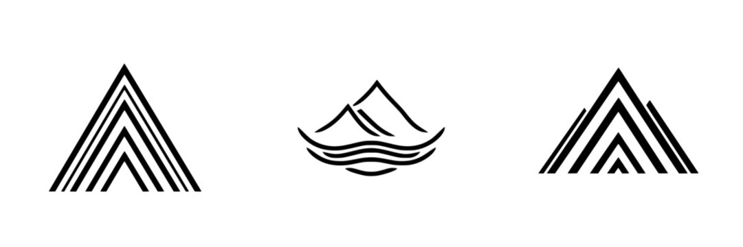 Vector illustration icons of mountains and waves showcasing a minimalist nature theme for outdoor activities and branding
