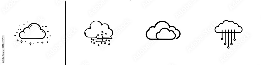 Poster weather icon set featuring clouds, wind, and rain designs in a minimalist vector style for various a