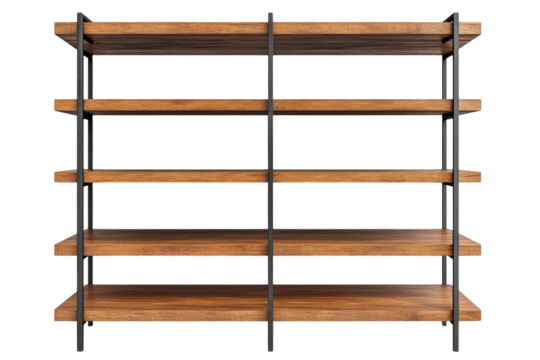 Industrial style five shelf wooden bookcase with a black metal frame showcasing a sleek and modern design perfect for any room Clean on transparent background