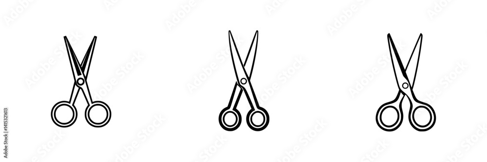 Poster scissors icon collection featuring three distinct designs representing versatility in crafting and d