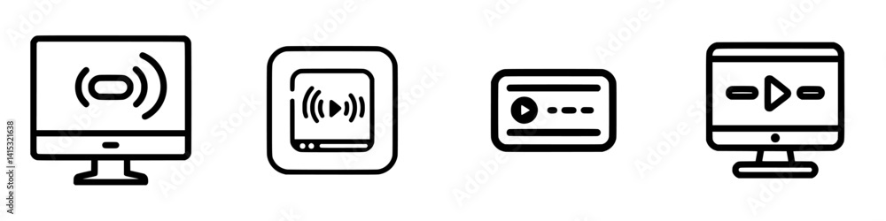 Poster digital media player vector icons representing streaming, playback, and audio visualization in clear
