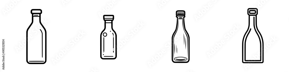 Poster collection of vector illustration icons representing various bottle shapes and designs in a simple, 