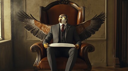 A businessman with a falcon's head sits on a leather throne, holding papers. Warm lighting, dark background