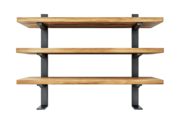 Elegant three tiered wooden shelf with sturdy black metal brackets showcasing rustic charm and modern design aesthetics against a stark on transparent background