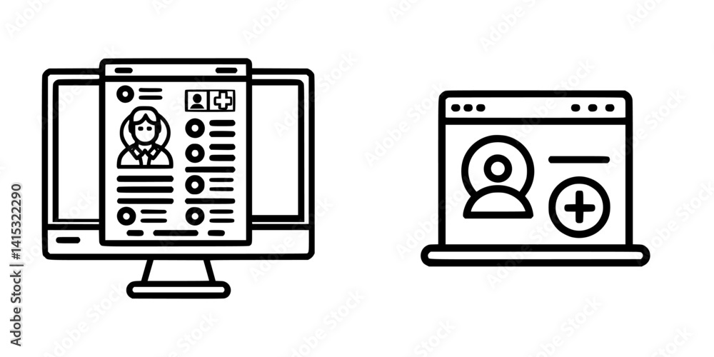 Poster vector illustration of a computer screen displaying a user profile and another screen with a user in