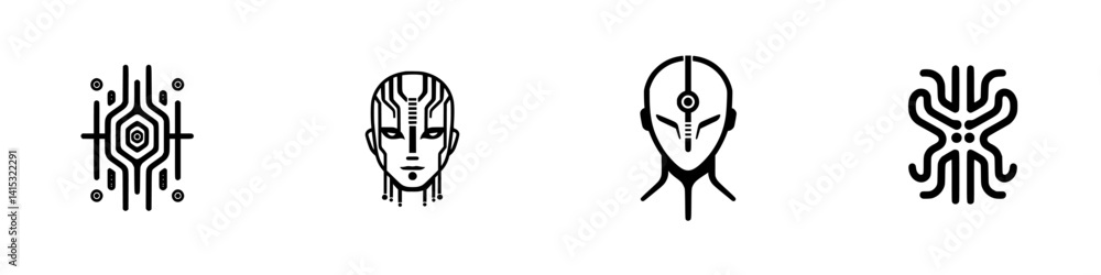Poster vector illustration icons of abstract human-like faces and circuit patterns showcasing technology an