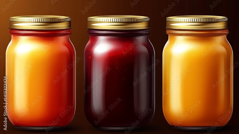 Poster three mason jars filled with different color jams are displayed on a dark brown surface.