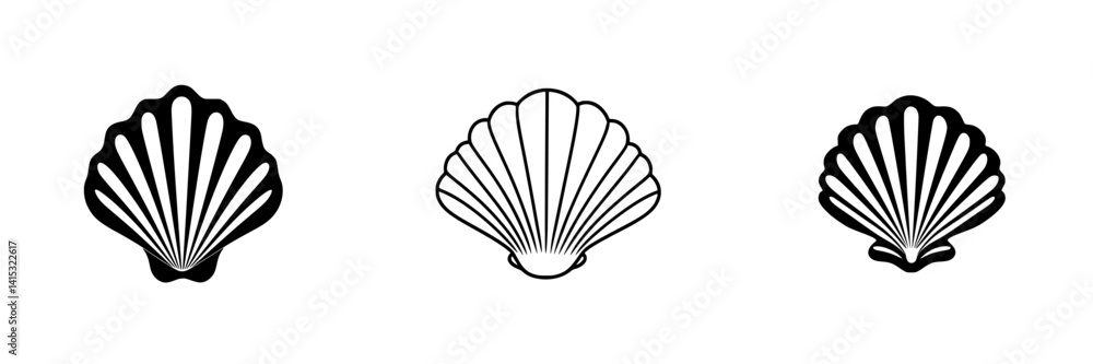 Poster vector illustration of three shell designs showcasing unique shapes and patterns suitable for aquati