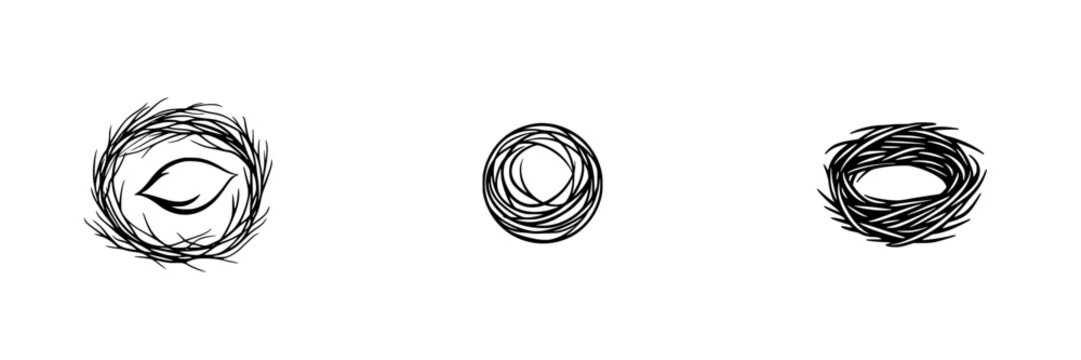 Vector illustration depicting three different types of nest designs showcasing nature-inspired creativity and simplicity in a minimalist style