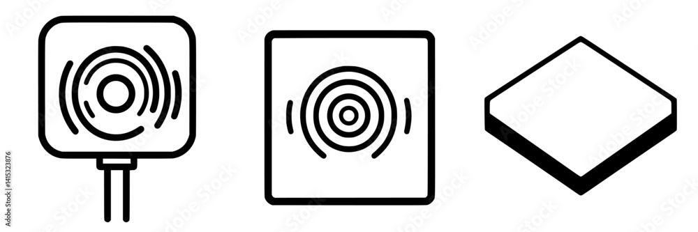 Poster vector illustration icons representing sound wave transmitters in different designs and layouts for 