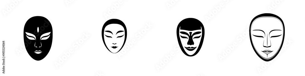 Poster diverse vector illustration of four unique mask designs representing different cultures and artistic