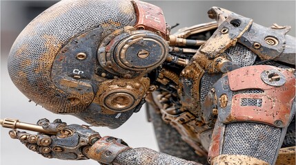 Futuristic Robot in Contemplation Pose with Rusty Metal Texture
