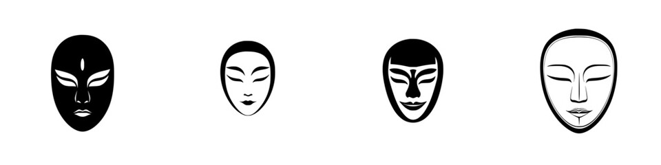 Diverse vector illustration of four unique mask designs representing different cultures and artistic styles in minimalist format