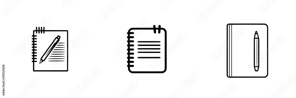 Poster vector illustration icons of various notebook designs with writing instruments and lines, suitable f