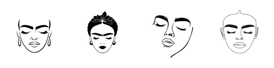 Vector illustration of four distinct female faces showcasing diverse styles and expressions in a minimalist design