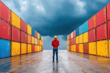 A worker stands between colorful shipping containers under a stormy sky.