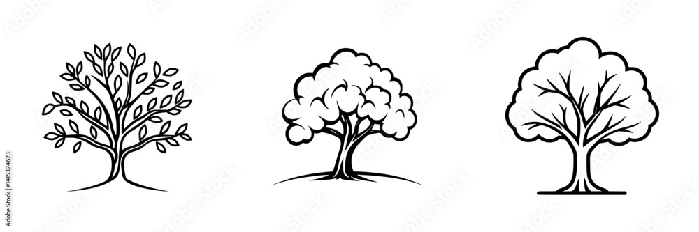Poster vector illustration depicting three distinct tree designs showcasing various leaf styles and branch 