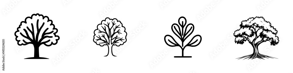 Poster vector illustration of various tree designs showcasing different shapes and styles in a simple, clea