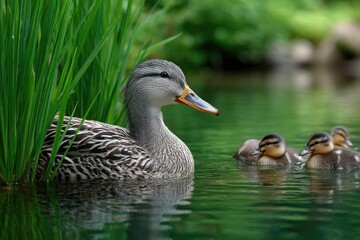 A female mallard duck sitting on a mossy bank, surrounded by her ducklings in the water.