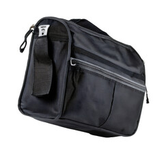 Naklejka premium Black tool bag with zipper and side pockets isolated on transparent background, ideal for professionals and workers