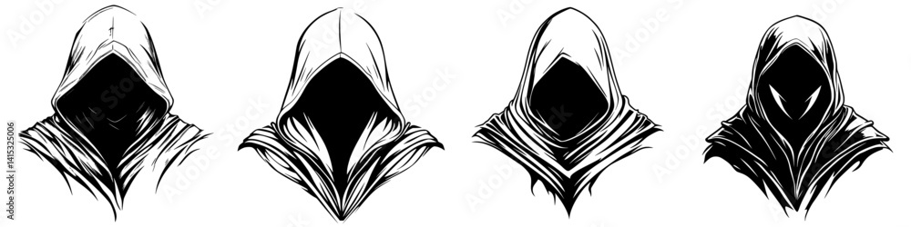 Poster vector illustration of a mysterious hooded figure with various expressions and designs representing 
