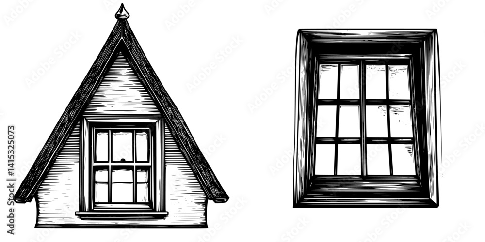 Poster stylized vector illustration of a house and a window showcasing a minimalistic design in black and w
