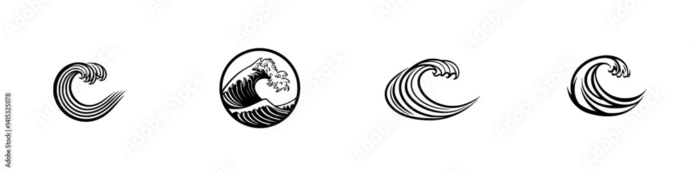 Poster vector illustration of stylized waves showcasing different forms and movements throughout a coastal 