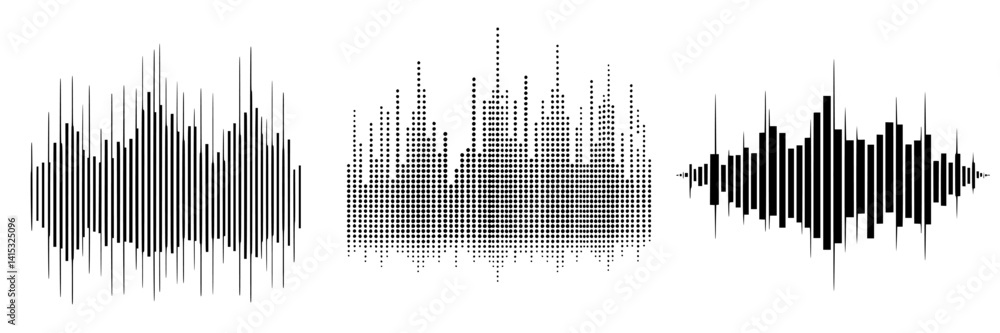 Poster sound wave vector illustration showing three different waveforms in black and white suitable for aud