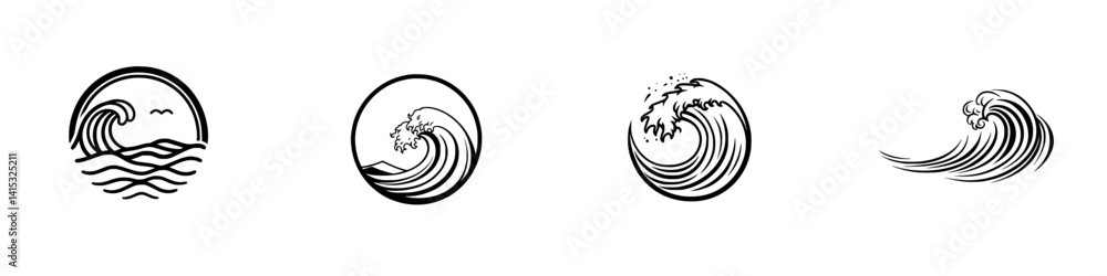 Poster vector illustration icons depicting different styles of ocean waves in a minimalist design for vario
