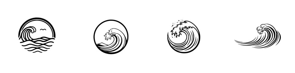 Vector illustration icons depicting different styles of ocean waves in a minimalist design for various applications