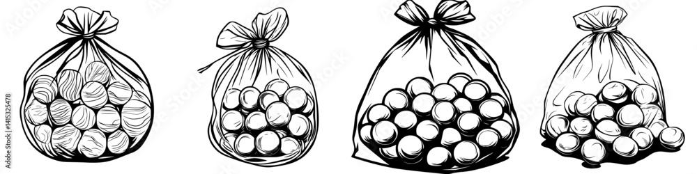 Poster vector illustration of bags filled with colorful balls showcasing different patterns and sizes in a 