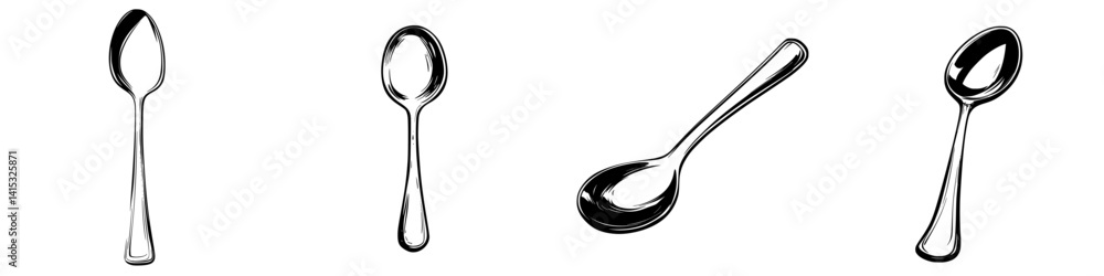 Poster collection of vector illustrations of different spoon designs in various angles and sizes