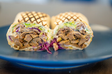 Grilled beef chicken shawarma wrap ready to eat