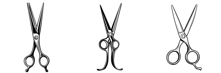 Vector illustration icon featuring three pairs of scissors showcasing different designs and styles for creative projects