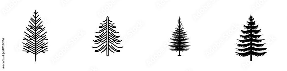 Poster four unique vector illustrations of evergreen trees showcasing different shapes and sizes for design