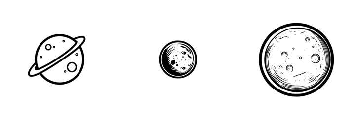 Vector illustration of three distinct celestial bodies in black and white depicting planets and moons