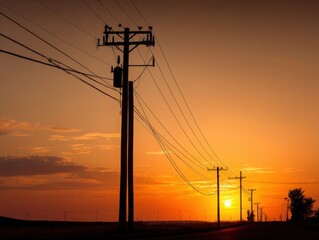 Striking sunset with power lines silhouetted against a vibrant orange sky, representing energy and infrastructure. Ideal for energy companies, rural landscapes, and sunset photography.