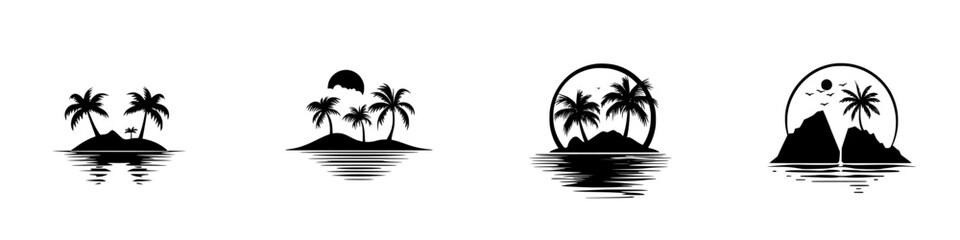 Vector illustration of tropical islands with palm trees at sunset reflecting on calm waters